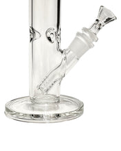 Load image into Gallery viewer, The base of a Clear Straight Tube Bong, featuring a removable downstem, flat base, and ice pinch.
