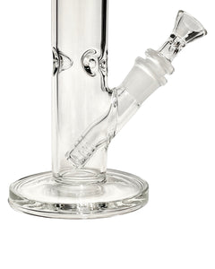 The base of a Clear Straight Tube Bong, featuring a removable downstem, flat base, and ice pinch.