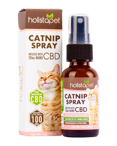 A bottle of Holistapet CBD Catnip Spray.