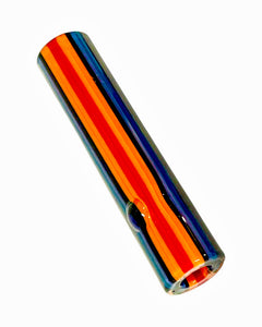 A Hippie Hookup Inside Out Pinstripe One Hitter with orange, red, and black stripes.