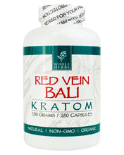 Load image into Gallery viewer, A 250 capsule (150g) container of Whole Herbs Red Vein Bali Kratom Capsules.
