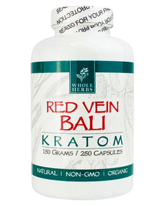 A 250 capsule (150g) container of Whole Herbs Red Vein Bali Kratom Capsules.