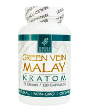 Load image into Gallery viewer, A 120 capsule (72g) container of Whole Herbs Green Vein Malay Kratom Capsules.
