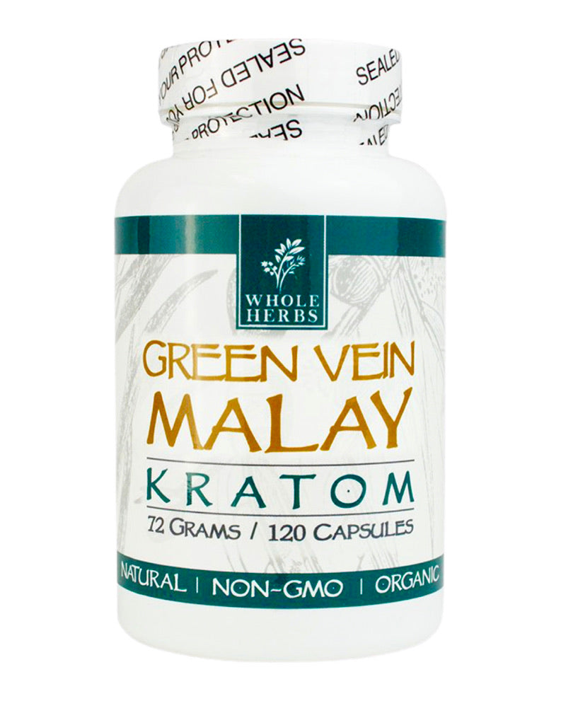 A 120 capsule (72g) container of Whole Herbs Green Vein Malay Kratom Capsules.