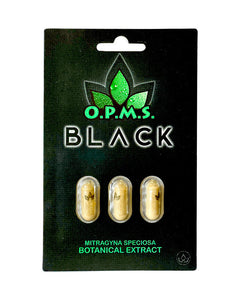 A 3 capsule (1.95g) pack of OPMS Black Kratom Extract Capsules.