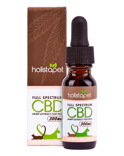 A bottle of 300mg Holistapet CBD Oil for Dogs & Cats.