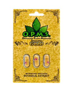 A 3 capsule (1.95g) pack of OPMS Gold Kratom Extract Capsules.