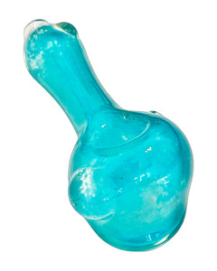 A blue Frit Drop Spoon Pipe handblown by TKO Glassworks.