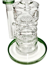 Load image into Gallery viewer, The base of a Double Stack Honeycomb Bubbler Rig, featuring two honeycomb percs and a strong flat base.
