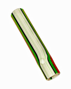 A Hippie Hookup Inside Out Pinstripe One Hitter with white, green, and red stripes.