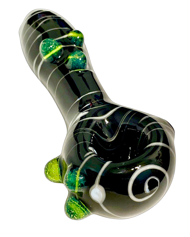 A Black with White Spintrail Spoon Pipe handblown in America by TKO Glassworks.