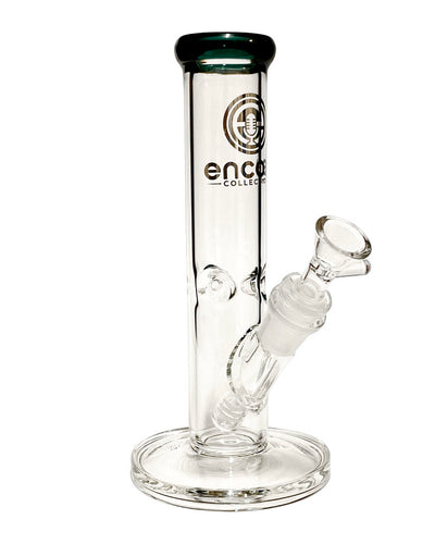 A Clear Straight Tube Bong with a teal mouthpiece.