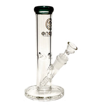 Load image into Gallery viewer, The side of a Clear Straight Tube Bong with a teal mouthpiece.

