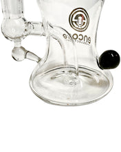 Load image into Gallery viewer, The base of an Hourglass Dab Rig, featuring a popped hole perc, flat base, and colored marble.
