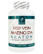 Load image into Gallery viewer, A 250 capsule (150g) container of Whole Herbs Red Vein Maeng Da Kratom Capsules.
