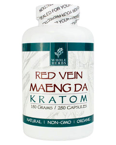 A 250 capsule (150g) container of Whole Herbs Red Vein Maeng Da Kratom Capsules.