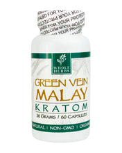 Load image into Gallery viewer, A 60 capsule (36g) container of Whole Herbs Green Vein Malay Kratom Capsules.
