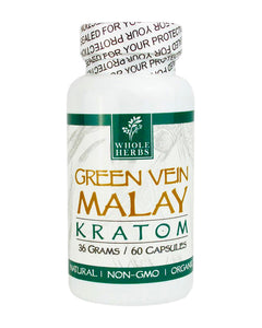 A 60 capsule (36g) container of Whole Herbs Green Vein Malay Kratom Capsules.