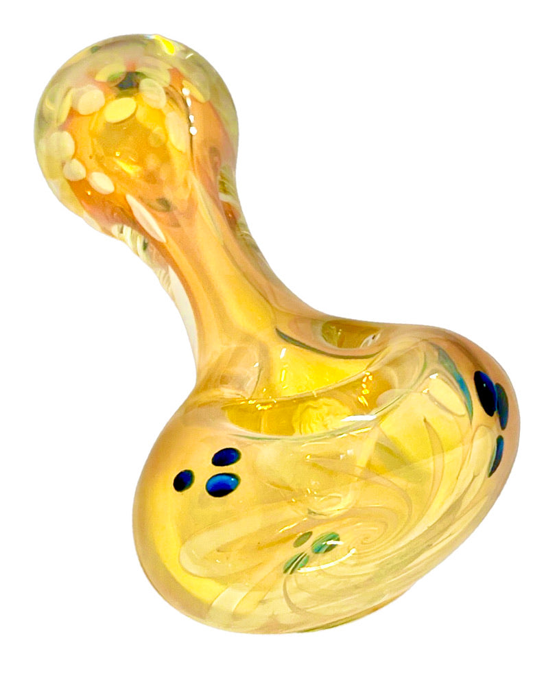 A Fumed Flower Head Spoon Pipe with blue and white accents.