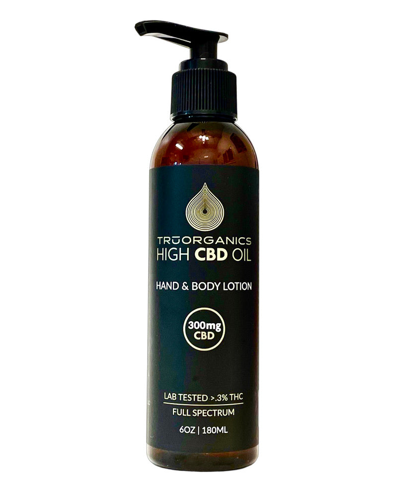 A bottle of TRU Organics CBD Hand & Body Lotion.