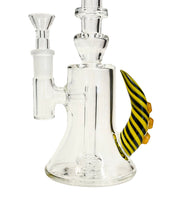 Load image into Gallery viewer, The base of a Julius Productions Black and Yellow Horned Rig, which features a popped hole circ perc.
