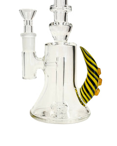 The base of a Julius Productions Black and Yellow Horned Rig, which features a popped hole circ perc.