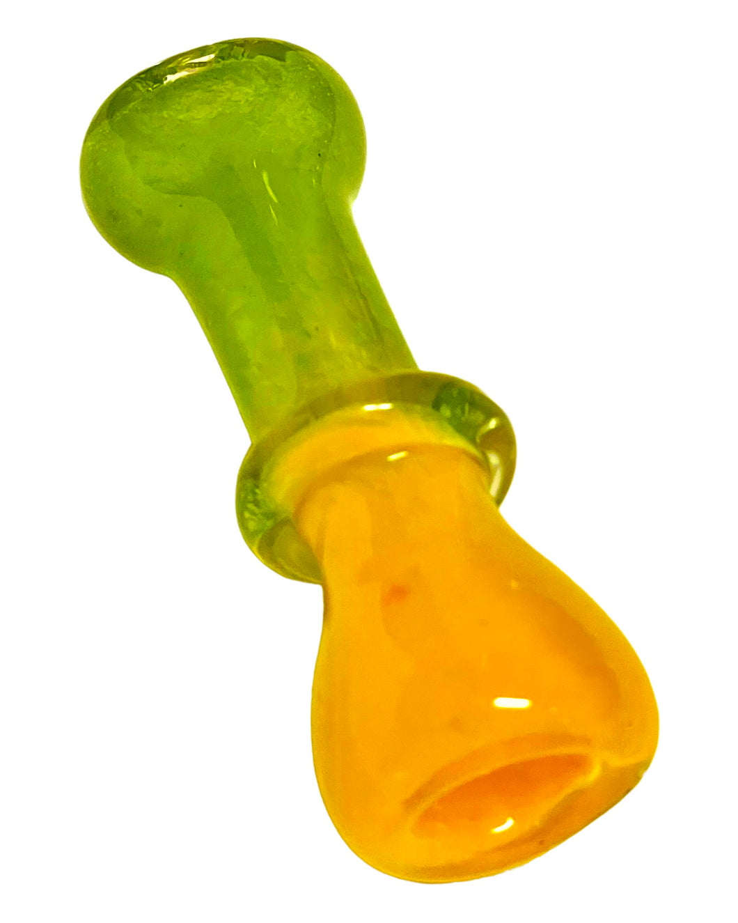 A yellow and green Two Tone Maria Glass Chillum Pipe.