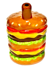 Load image into Gallery viewer, The mouthpiece of a Roast &amp; Toast Cheeseburger Ceramic Hand Pipe.
