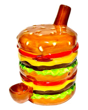Load image into Gallery viewer, A Roast &amp; Toast Cheeseburger Ceramic Hand Pipe.
