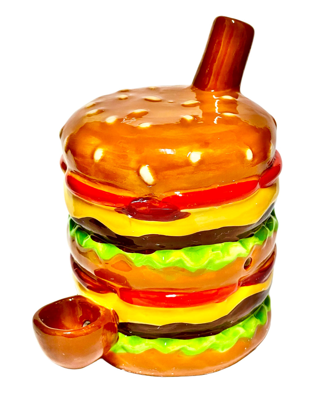 A Roast & Toast Cheeseburger Ceramic Hand Pipe.