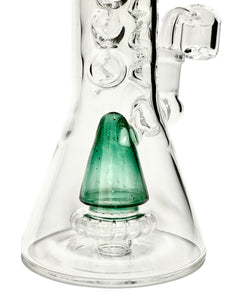 The shower head cone perc and base of a teal Shower Head Cone Beaker Dab Rig.