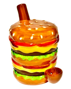 A Roast & Toast Cheeseburger Ceramic Hand Pipe.