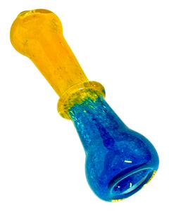 A blue and yellow Two Tone Maria Glass Chillum Pipe.
