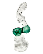 Load image into Gallery viewer, A teal Clear Lined Glass Bubbler. 
