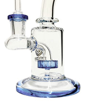 Load image into Gallery viewer, The colored showerhead percolator and base of a blue-colored Encore Color Showerhead Dab Rig.
