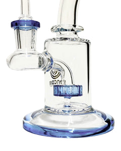 The colored showerhead percolator and base of a blue-colored Encore Color Showerhead Dab Rig.