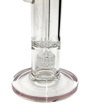Load image into Gallery viewer, The ratchet perc, drop matrix perc, and base of a pink-colored Monark Clear Ratchet Double Perc Bong.
