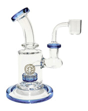 Load image into Gallery viewer, The side of a blue-colored Encore Color Showerhead Dab Rig.
