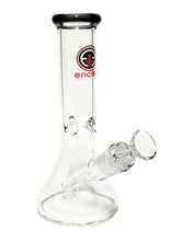 Load image into Gallery viewer, A Clear Beaker Bong with a black mouthpiece and red logo.
