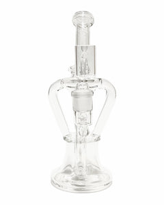 The front of a Monark Klein Klassic Recycler Dab Rig with a white logo.