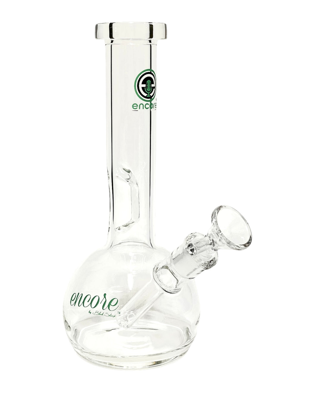 An Encore Fixed Stem Bubble Bong with green decals.