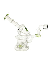 Load image into Gallery viewer, The side of a green-colored Encore Ray Gun Recycler Dab Rig.
