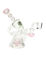 Load image into Gallery viewer, A pink and green-colored Encore Ray Gun Recycler Dab Rig.
