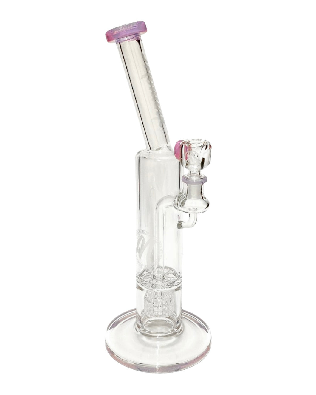 A pink-colored Monark Clear Ratchet Double Perc Bong.