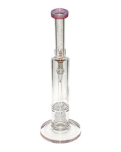 Load image into Gallery viewer, The back of a pink-colored Monark Clear Ratchet Double Perc Bong.
