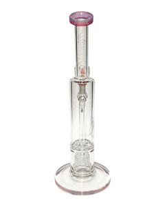 The back of a pink-colored Monark Clear Ratchet Double Perc Bong.