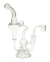 Load image into Gallery viewer, The side of an Encore Clear Marble Recycler Dab Rig with a red logo.
