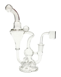The side of an Encore Clear Marble Recycler Dab Rig with a red logo.