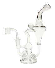 Load image into Gallery viewer, The side of an Encore Clear Marble Recycler Dab Rig with a red logo.

