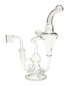 The side of an Encore Clear Marble Recycler Dab Rig with a red logo.